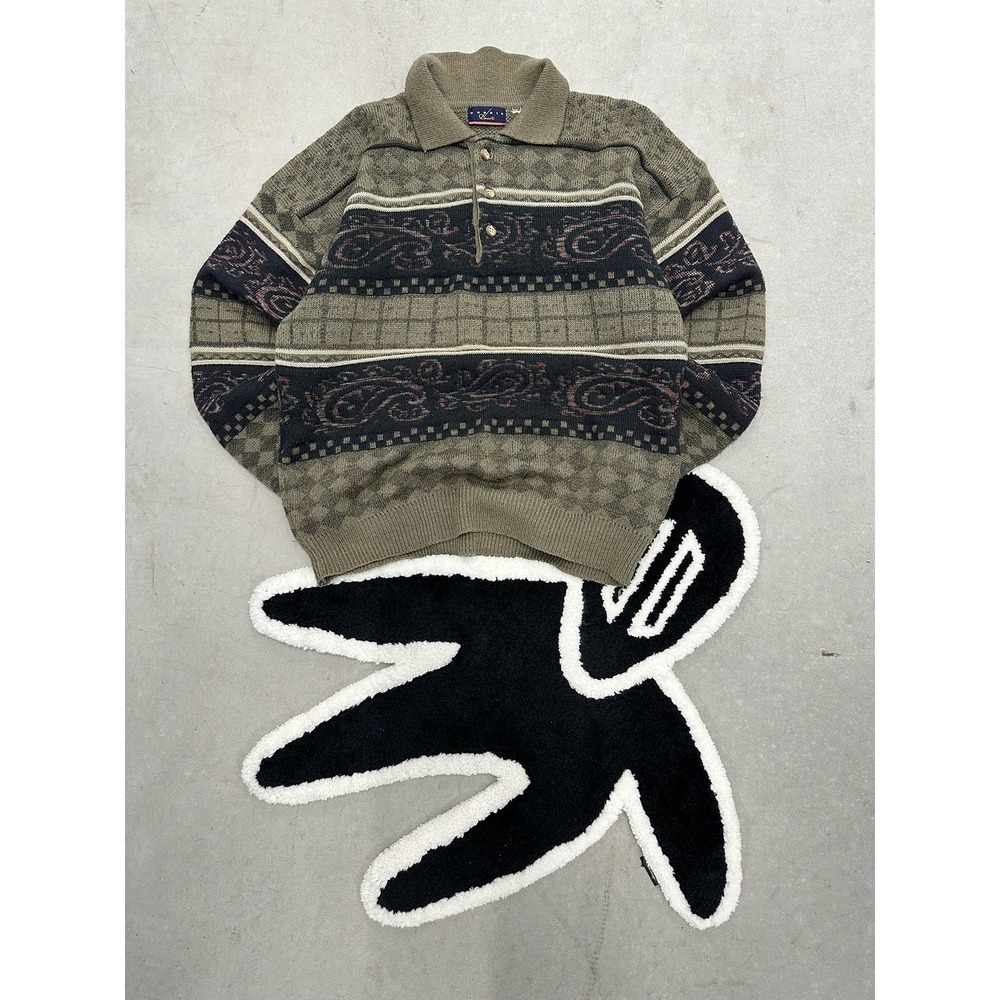 Vintage Gordie‎ Howe Mens Knit Polo Sweater Olive Green Paisley Argyle L/XL
